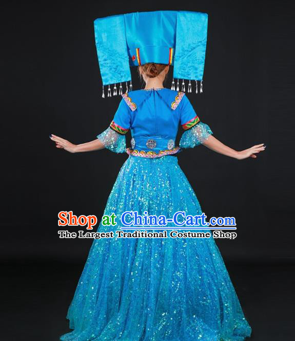 Chinese Traditional Zhuang Nationality Light Blue Dress Ethnic Folk Dance Stage Show Costume for Women