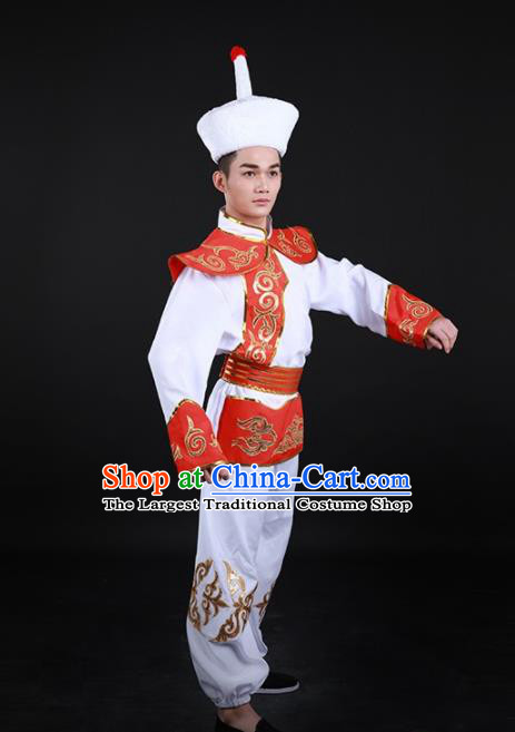 Chinese Traditional Ewenki Nationality Festival White Outfits Ethnic Minority Folk Dance Stage Show Costume for Men