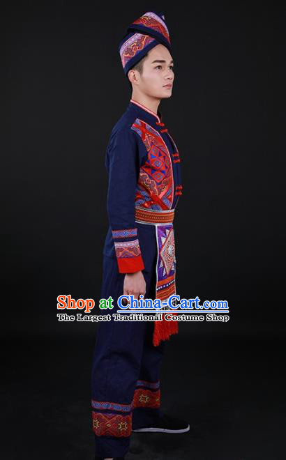 Chinese Traditional Zhuang Nationality Festival Navy Outfits Ethnic Minority Folk Dance Stage Show Costume for Men