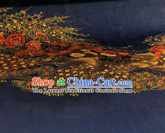 Asian Chinese Traditional Chrysanthemum Peony Pattern Design Navy Gambiered Guangdong Gauze Fabric Silk Material