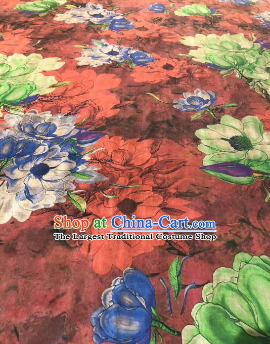 Asian Chinese Classical Flowers Pattern Design Red Gambiered Guangdong Gauze Fabric Traditional Silk Material