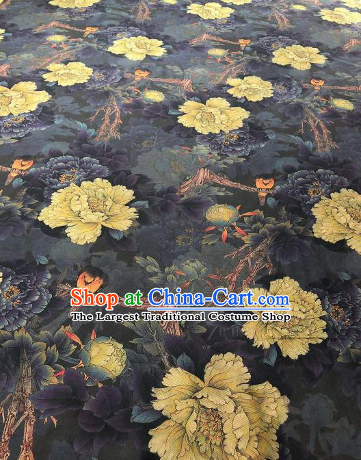 Asian Chinese Classical Peony Pattern Design Black Gambiered Guangdong Gauze Fabric Traditional Silk Material