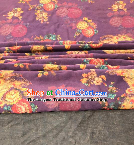 Asian Chinese Classical Peacock Pattern Design Purple Gambiered Guangdong Gauze Fabric Traditional Silk Material
