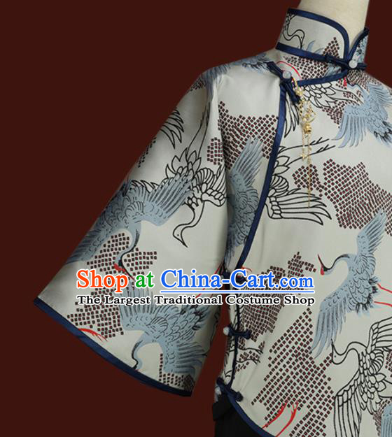Traditional Chinese Tang Suit Printing Crane Blouse Cheongsam Upper Outer Garment for Women