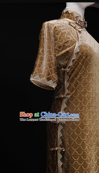Chinese Traditional Golden Velvet Cheongsam Costume Republic of China Mandarin Qipao Dress for Women