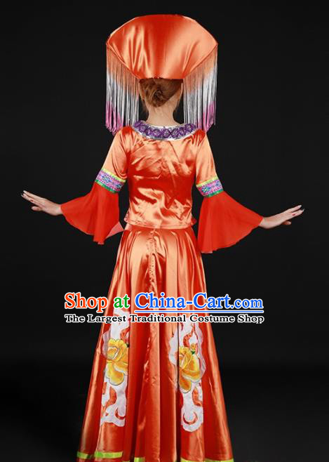 Chinese Traditional Zhuang Nationality Red Expansion Dress Ethnic Minority Folk Dance Stage Show Costume for Women