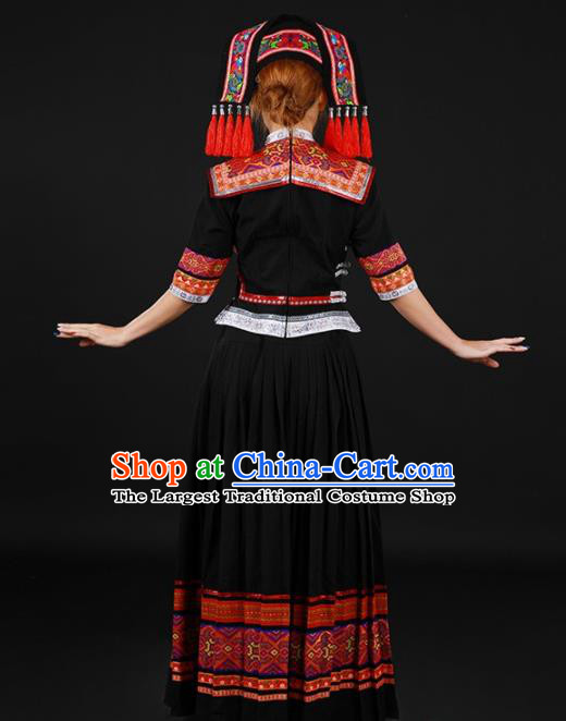 Chinese Traditional Zhuang Nationality Black Long Dress Ethnic Minority Folk Dance Stage Show Costume for Women