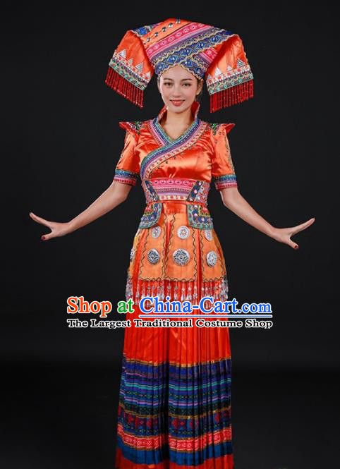 Chinese Traditional Zhuang Nationality Orange Long Dress Ethnic Minority Folk Dance Stage Show Costume for Women