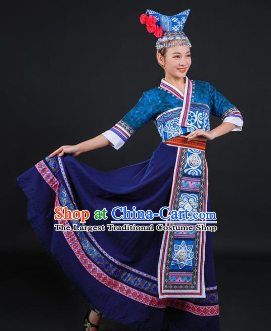Chinese Traditional Dong Nationality Stage Show Navy Long Dress Ethnic Minority Folk Dance Costume for Women