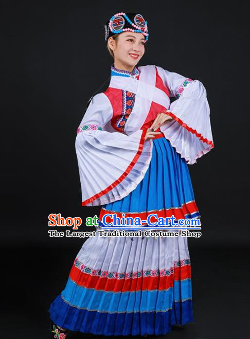 Chinese Traditional Lijiang Naxi Nationality Stage Show Blue Dress Ethnic Minority Folk Dance Costume for Women