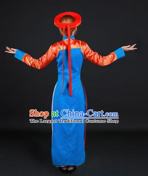 Chinese Traditional Jing Nationality Stage Show Embroidered Blue Dress Ethnic Minority Folk Dance Costume for Women