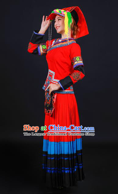 Chinese Traditional Yi Nationality Stage Show Red Dress Ethnic Minority Folk Dance Costume for Women