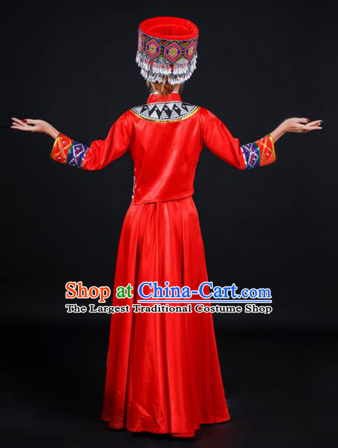Chinese Traditional Tujia Nationality Stage Show Red Dress Ethnic Minority Folk Dance Costume for Women