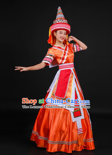 Chinese Traditional Yao Nationality Stage Show Orange Dress Ethnic Minority Folk Dance Costume for Women