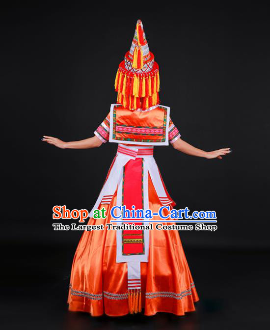 Chinese Traditional Yao Nationality Stage Show Orange Dress Ethnic Minority Folk Dance Costume for Women