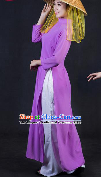 Chinese Traditional Jing Nationality Stage Show Purple Dress Ethnic Minority Folk Dance Costume for Women