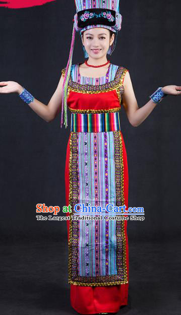 Chinese Traditional Drung Nationality Stage Show Red Dress Ethnic Minority Folk Dance Costume for Women