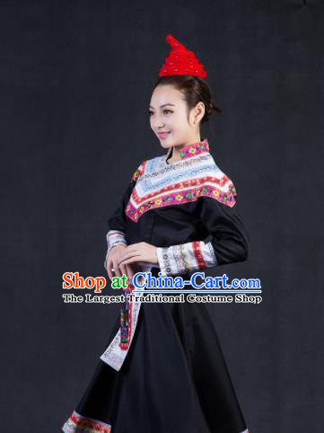 Chinese Traditional She Nationality Stage Show Black Short Dress Ethnic Minority Folk Dance Costume for Women