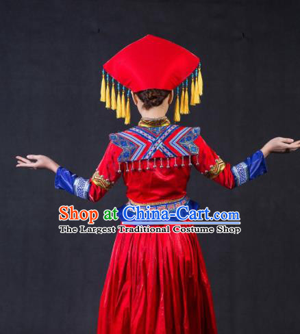 Chinese Traditional Zhuang Nationality Stage Show Bride Red Dress Ethnic Minority Folk Dance Costume for Women