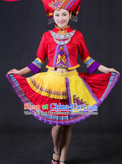 Chinese Traditional Zhuang Nationality Stage Show Red Short Dress Ethnic Minority Folk Dance Costume for Women