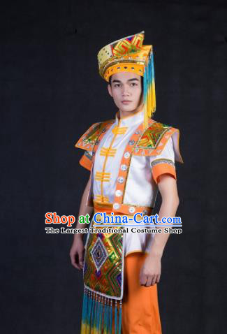 Chinese Traditional Zhuang Nationality Festival Compere Orange Outfits Ethnic Minority Folk Dance Stage Show Costume for Men