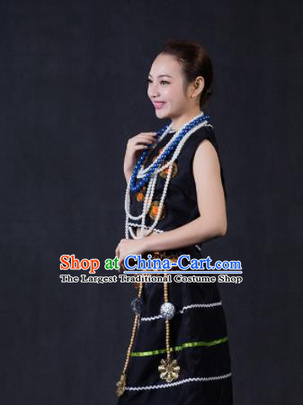 Chinese Traditional Moinba Nationality Stage Show Black Short Dress Ethnic Minority Folk Dance Costume for Women