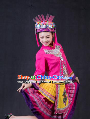 Chinese Traditional Yao Nationality Stage Show Rosy Short Dress Ethnic Minority Folk Dance Costume for Women