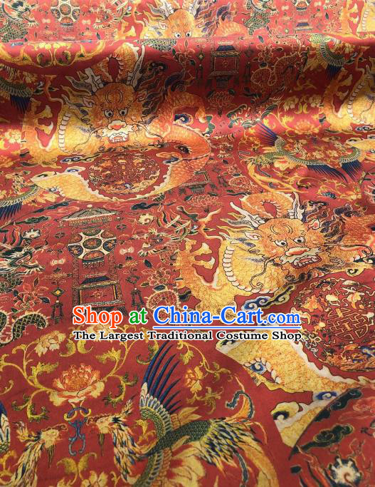 Asian Chinese Traditional Dragon Phoenix Pattern Design Red Gambiered Guangdong Gauze Fabric Silk Material