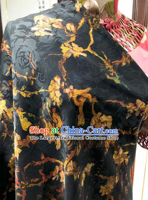 Asian Chinese Traditional Flower Branch Pattern Design Black Gambiered Guangdong Gauze Fabric Silk Material