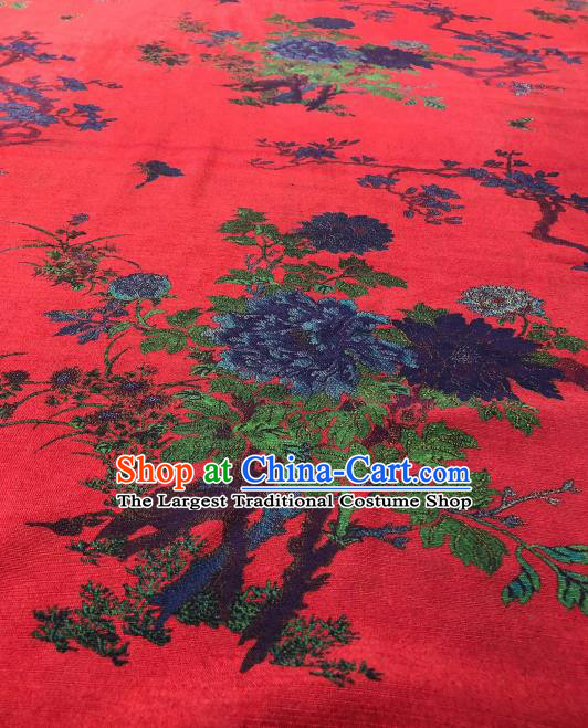 Asian Chinese Traditional Peony Orchid Pattern Design Red Gambiered Guangdong Gauze Fabric Silk Material