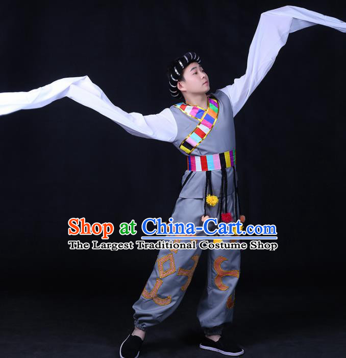 Chinese Traditional Zang Nationality Festival Compere Grey Outfits Ethnic Minority Folk Dance Stage Show Costume for Men