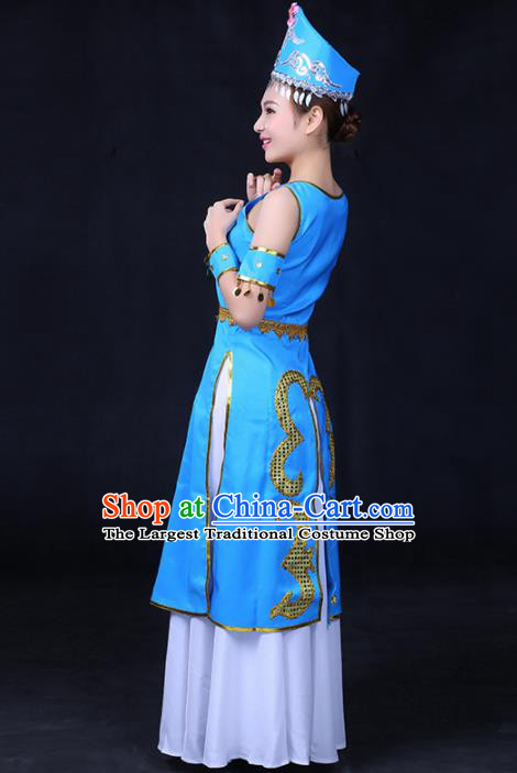 Chinese Traditional Xibe Nationality Stage Show Blue Dress Ethnic Minority Folk Dance Costume for Women