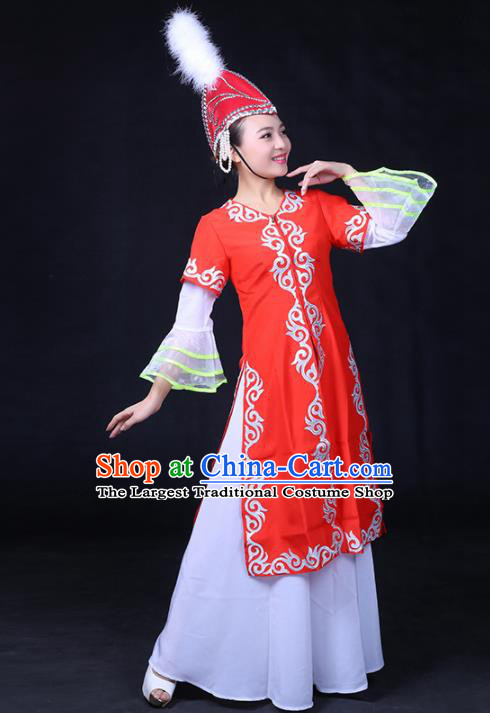 Chinese Traditional Khalkhas Nationality Stage Show Red Dress Ethnic Minority Folk Dance Costume for Women