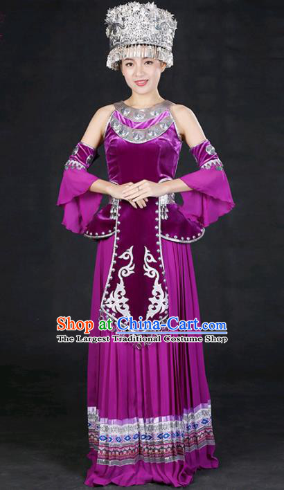 Chinese Traditional Miao Nationality Stage Show Purple Long Dress Ethnic Minority Folk Dance Costume for Women
