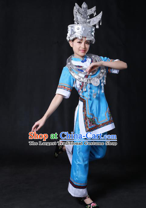 Chinese Traditional Shui Nationality Blue Dress Ethnic Minority Folk Dance Stage Show Costume for Women