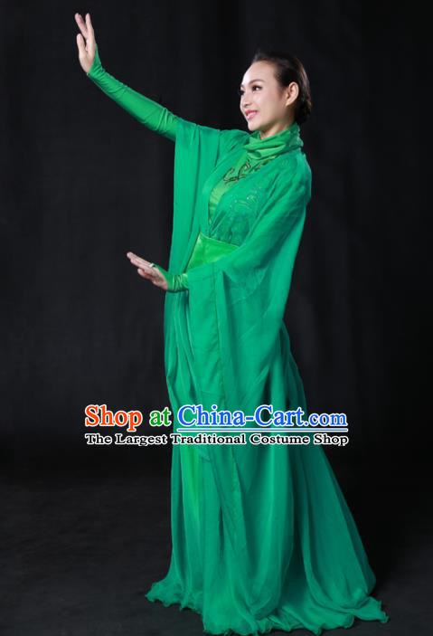 Chinese Spring Festival Gala Classical Dance Green Dress Traditional Fan Dance Compere Costume for Women