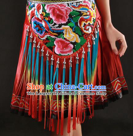 Chinese Traditional Zhuang Nationality Embroidered Short Dress Ethnic Minority Folk Dance Stage Show Costume for Women
