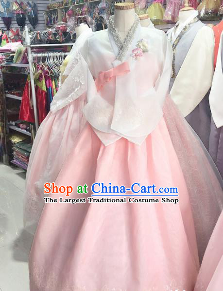 Korean Traditional Hanbok White Blouse and Pink Dress Asian Korea Princess Fashion Costume for Women