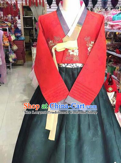 Korean Traditional Hanbok Red Blouse and Atrovirens Dress Asian Korea Princess Fashion Costume for Women