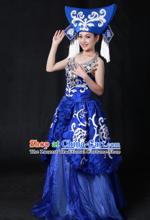 Chinese Traditional Guangxi Zhuang Nationality Stage Show Royalblue Long Dress Ethnic Minority Folk Dance Costume for Women
