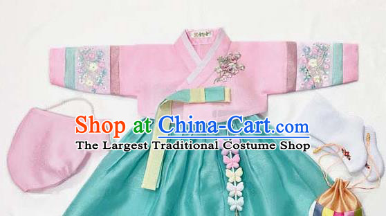 Korean Traditional Hanbok Birthday Pink Blouse and Green Dress Outfit Asian Korea Fashion Costume for Kids