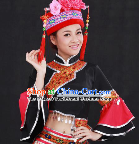 Chinese Traditional Mulao Nationality Black Outfits Ethnic Minority Folk Dance Stage Show Costume for Women