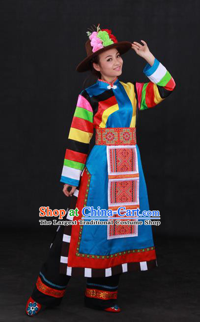 Chinese Traditional Tu Nationality Blue Dress Ethnic Minority Folk Dance Stage Show Costume for Women