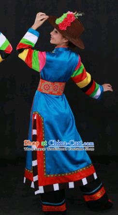 Chinese Traditional Tu Nationality Blue Dress Ethnic Minority Folk Dance Stage Show Costume for Women