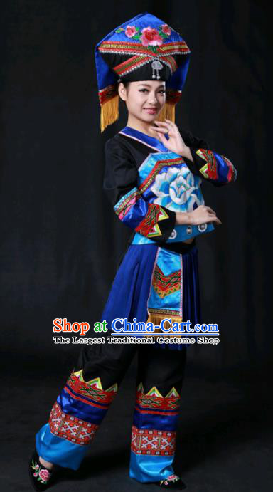 Chinese Traditional Guangxi Zhuang Nationality Stage Show Black Outfits Ethnic Minority Folk Dance Costume for Women