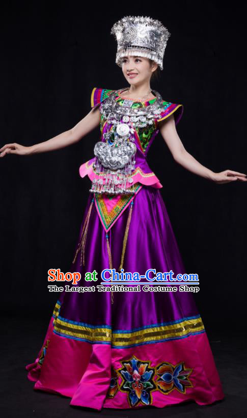 Chinese Traditional Miao Nationality Wedding Purple Dress Ethnic Minority Folk Dance Stage Show Costume for Women