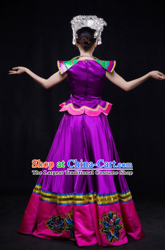 Chinese Traditional Miao Nationality Wedding Purple Dress Ethnic Minority Folk Dance Stage Show Costume for Women