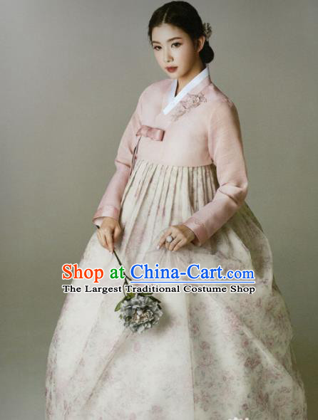 Korean Traditional Hanbok Princess Embroidered Pink Blouse and Printing Dress Outfits Asian Korea Fashion Costume for Women