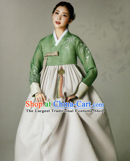 Korean Traditional Hanbok Mother Green Blouse and Beige Satin Dress Outfits Asian Korea Fashion Costume for Women