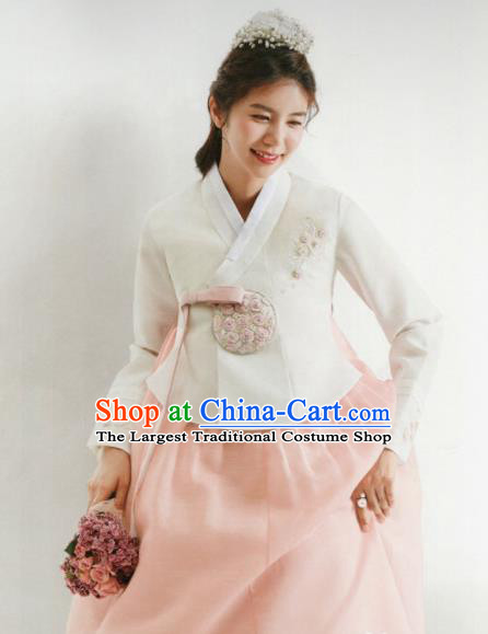 Korean Traditional Hanbok Wedding Bride Embroidered White Blouse and Pink Dress Outfits Asian Korea Fashion Costume for Women